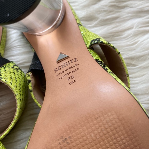 Schutz Neon Yellow Snake Print Leather Open Toe Heels - Picture 7 of 9